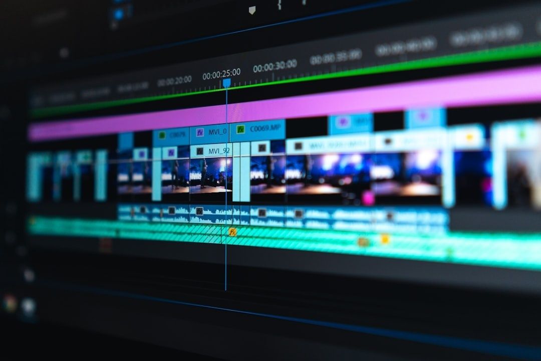 Video editing timeline with layered clips, audio tracks, and a playhead