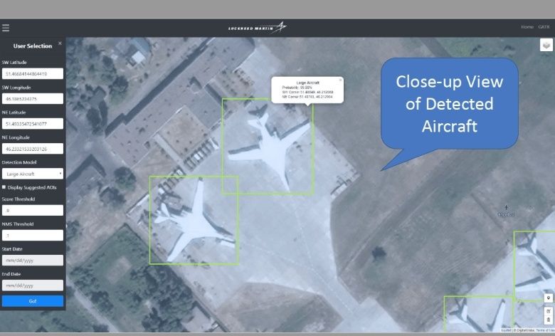 Satellite map interface highlighting detected aircraft on an airfield