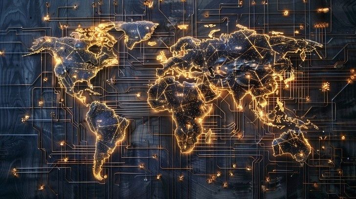 Glowing world map overlaid with interconnected digital circuit lines